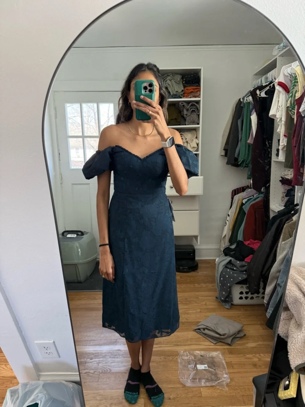 NWT Navy Puff-Sleeve Midi Dress - Picture 2 of 4